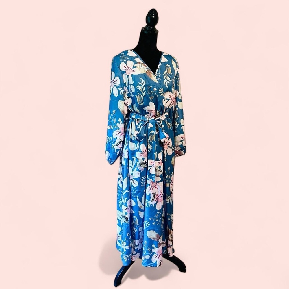 SHEIN Curve Blue Floral Satin Maxi Dress Size 1XL